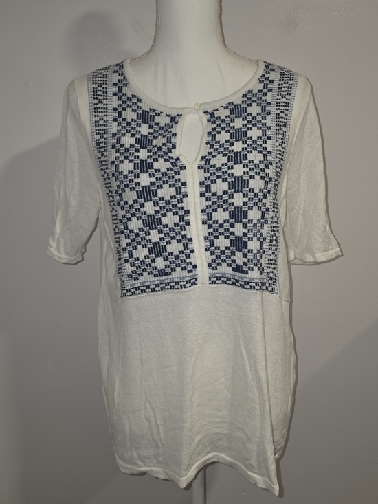 J. Jill Tops - J. Jill Linen Blend White Top with Navy Embroidered Yoke Women's Size Med Petite